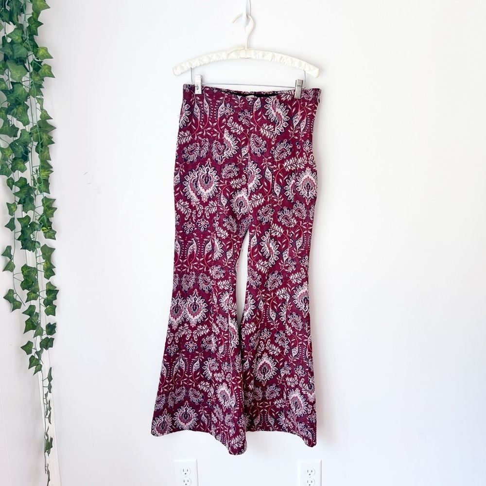 Anthropologie Flare Pants Burgundy Floral Jacquard Pull On‎ High Rise US 4 - Picture 2 of 7
